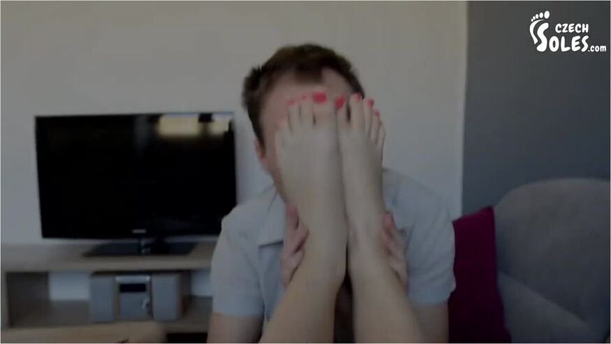 European Brunette Girlfriend Getting Her Toes With Orange Nail Polish