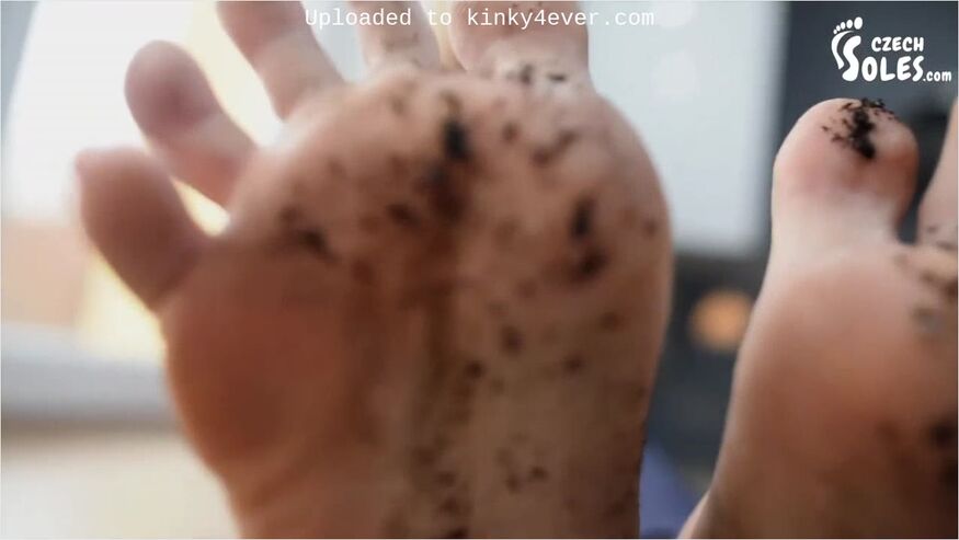 Blonde Housewife Sitting On Kitchen Counter Showing Off Her Dirty Feet And Toes