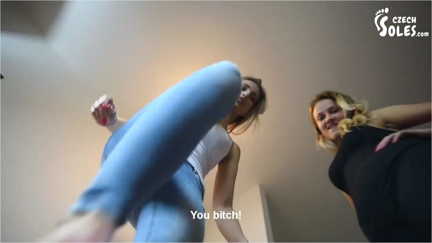 Two Sexy Femdoms In High Heels And Jeans Discipline Their Male Slave I