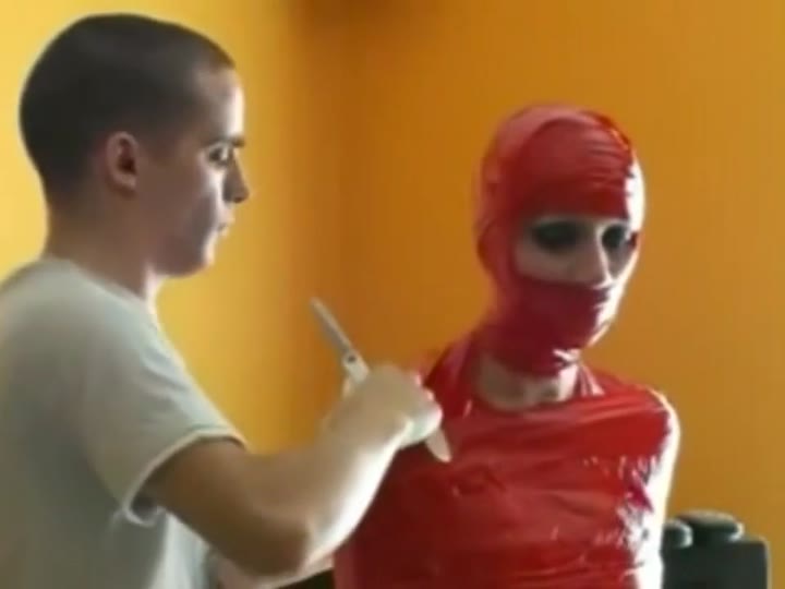 Red Bondage Tape Hood