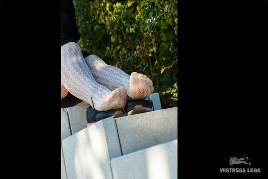 Mistress Sexy Feet In White Fishnet Pantyhose In The Park
